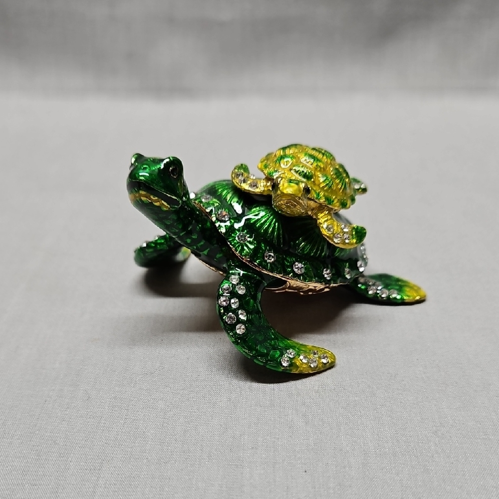 Zanzibar Two Turtles Enameled Jeweled Turtle Trinket Ring Box #439